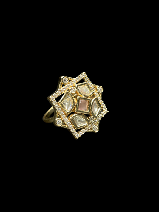 Kundan Polki AD Star Frame Geometric Cocktail Ring - Baby Pink | K Gold - top view
