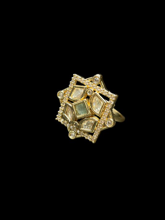 Kundan Polki AD Star Frame Geometric Cocktail Ring - Mint Green | K Gold - side view