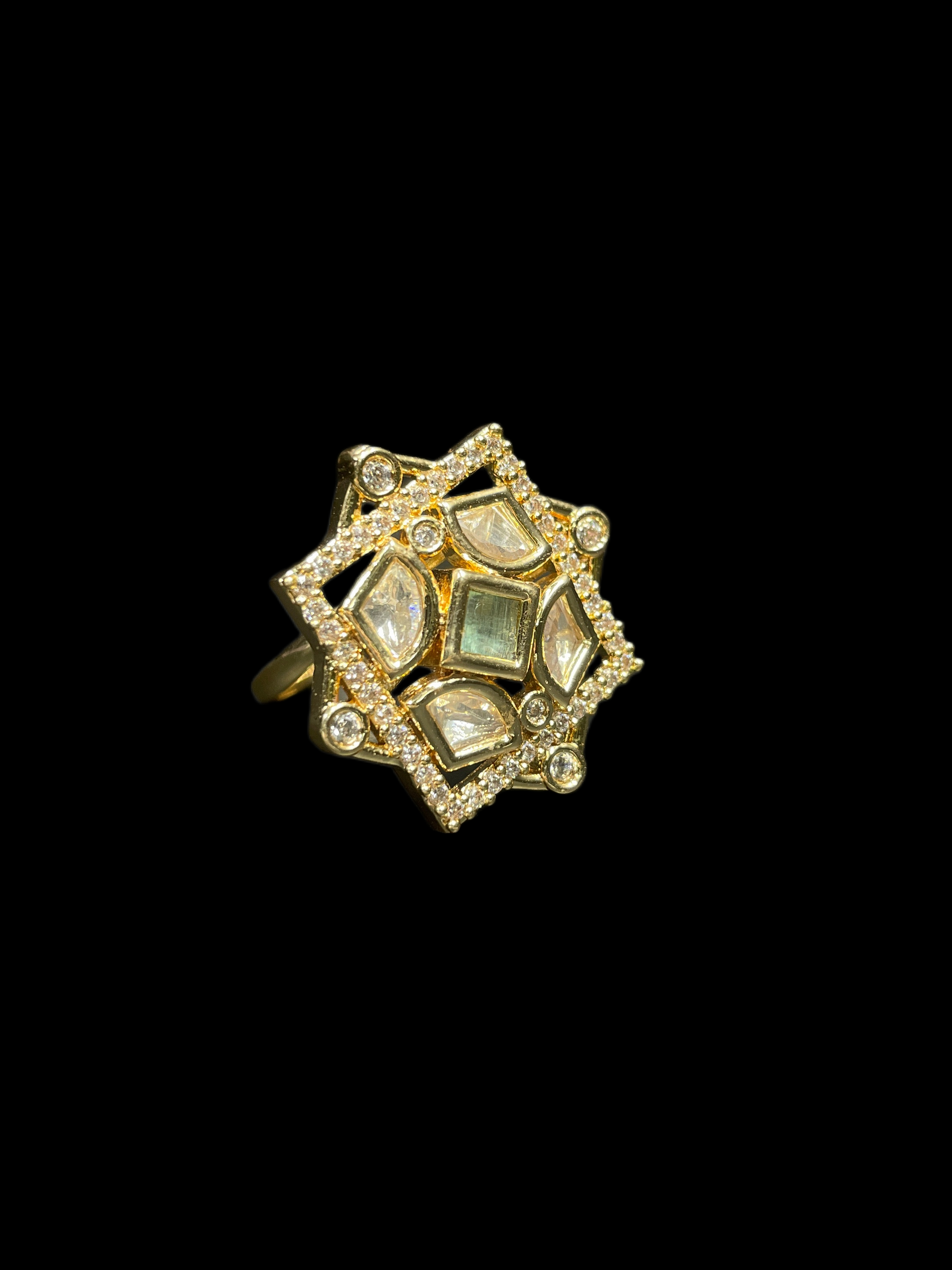 Kundan Polki AD Star Frame Geometric Cocktail Ring - Mint Green | K Gold - angled view