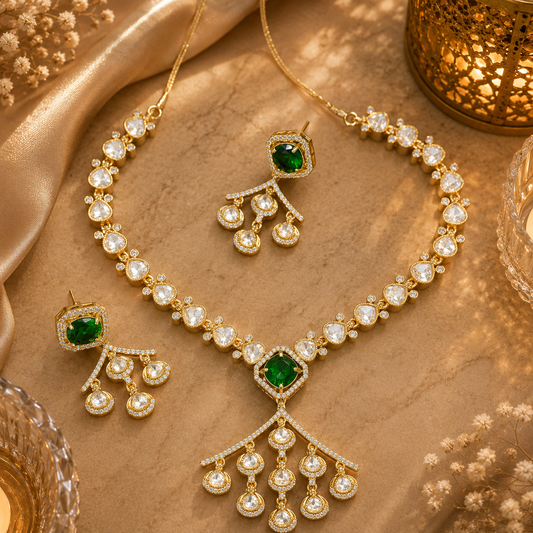 Kundan Polki Heart Chain Tassel Drop Necklace Set | K Gold & Mehendi Gold