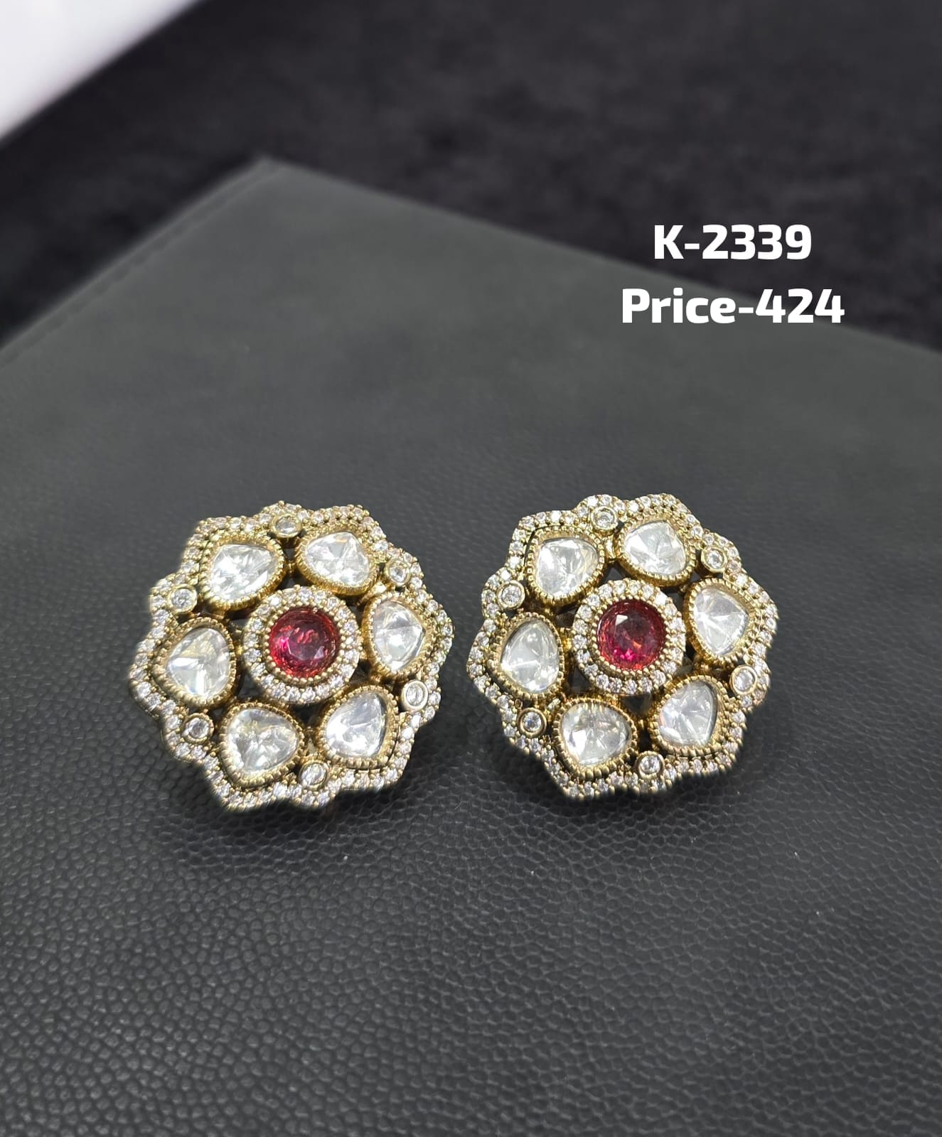 Polki and Ruby CZ Floral Hexagon Stud Tops K-2339 pair