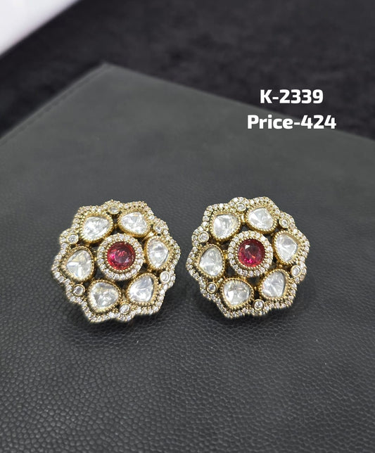 Polki and Ruby CZ Floral Hexagon Stud Tops K-2339 pair