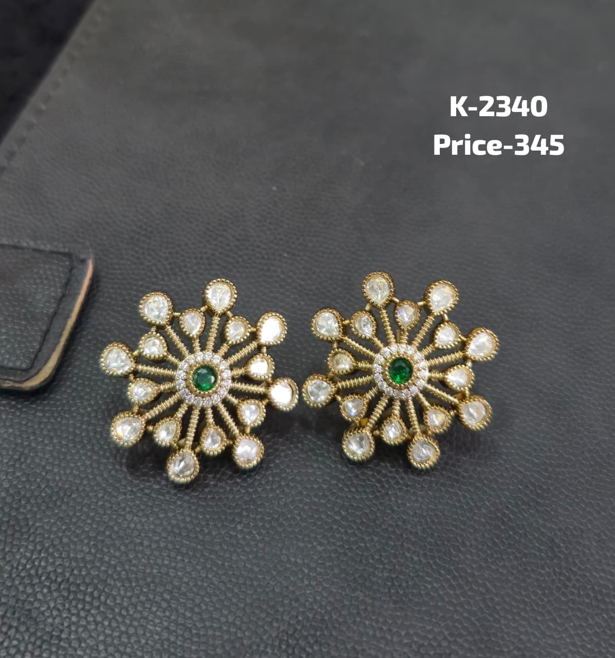 Polki and Emerald CZ Sunburst Stud Tops K-2340 pair