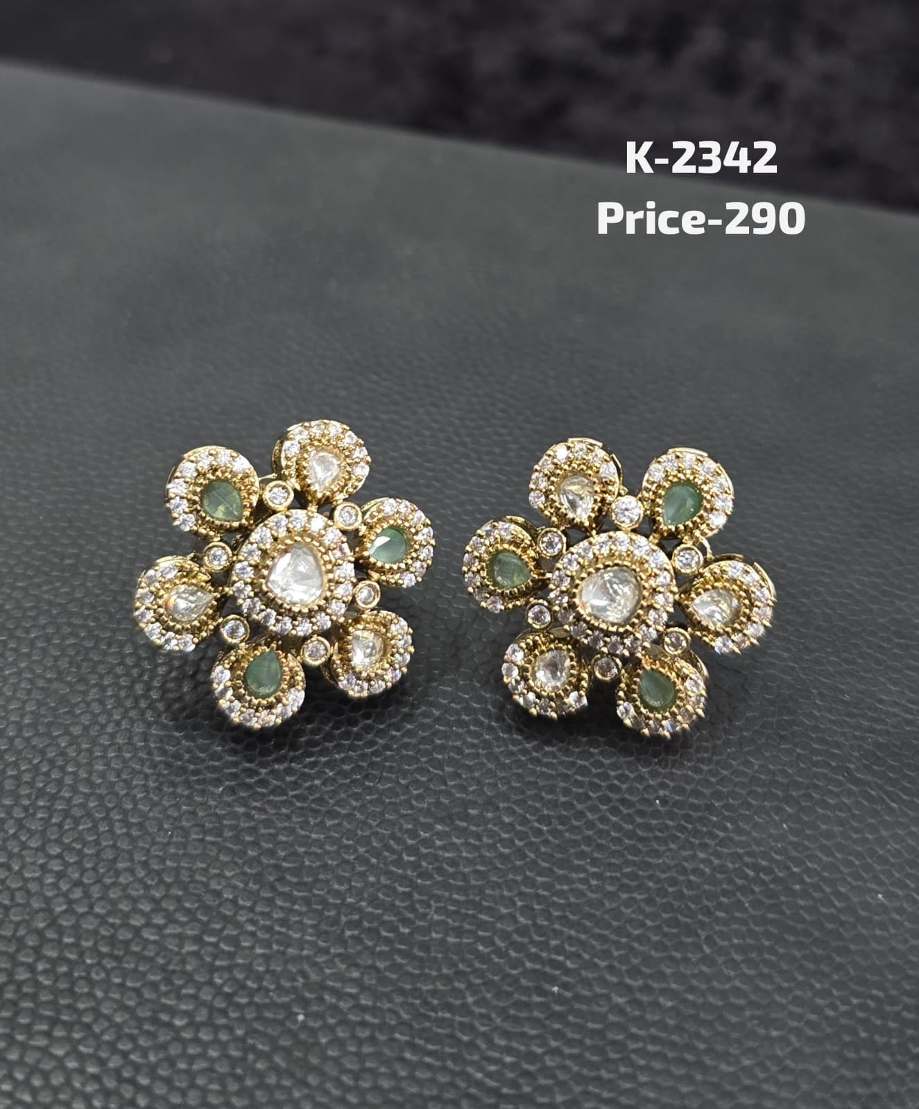 Polki and Mint Green CZ Five-Petal Floral Stud Tops K-2342 pair