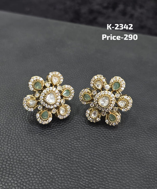 Polki and Mint Green CZ Five-Petal Floral Stud Tops K-2342 pair