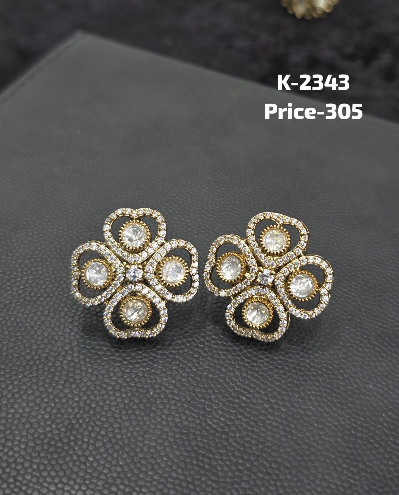 Polki CZ Open Clover Floral Stud Tops K-2343 pair in antique gold finish