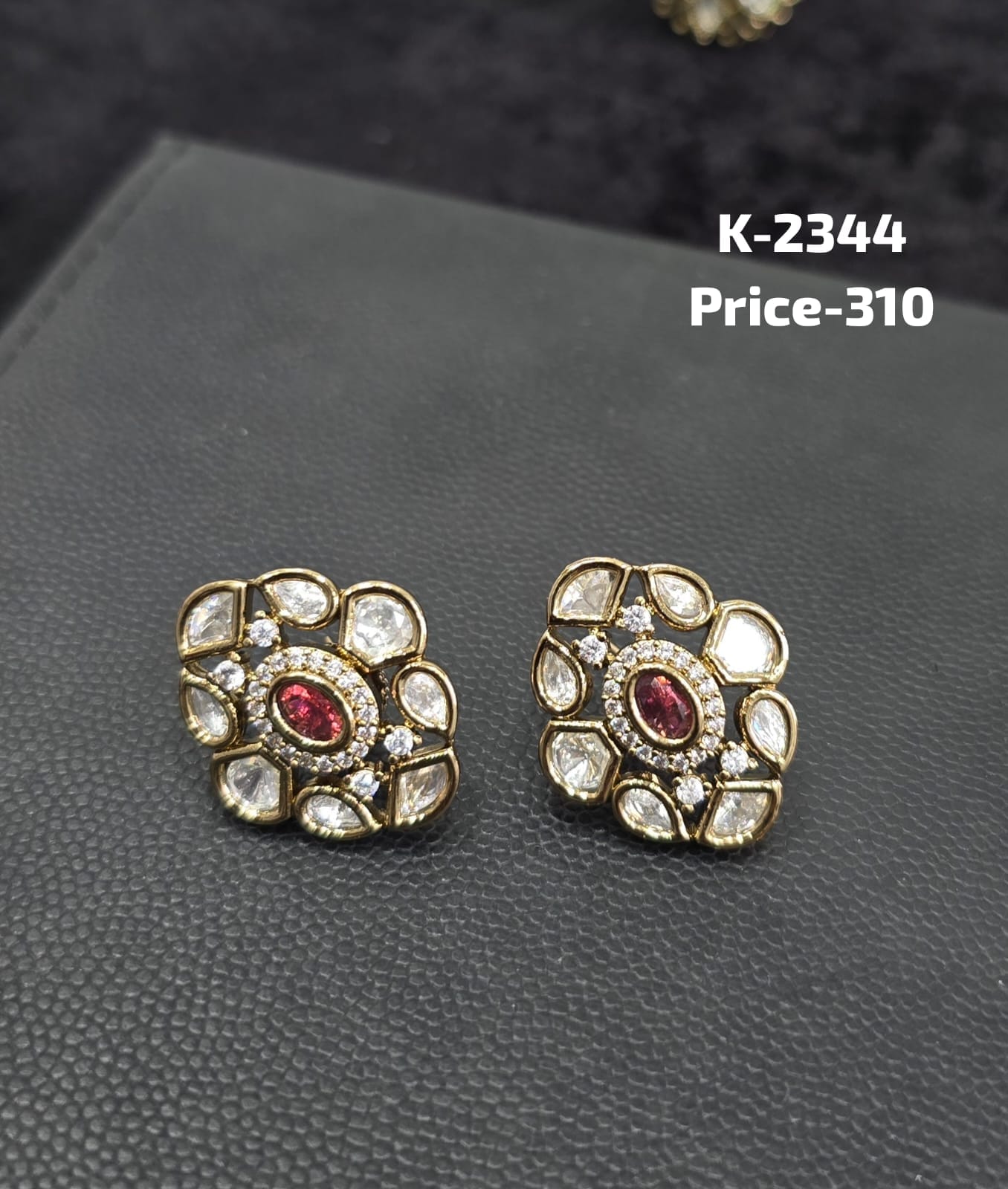 Polki and Ruby Oval CZ Geometric Floral Stud Tops K-2344 pair in antique gold finish