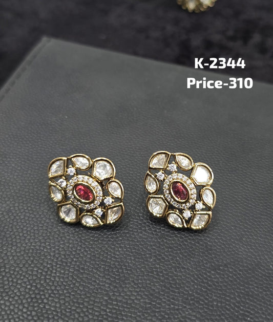 Polki and Ruby Oval CZ Geometric Floral Stud Tops K-2344 pair in antique gold finish