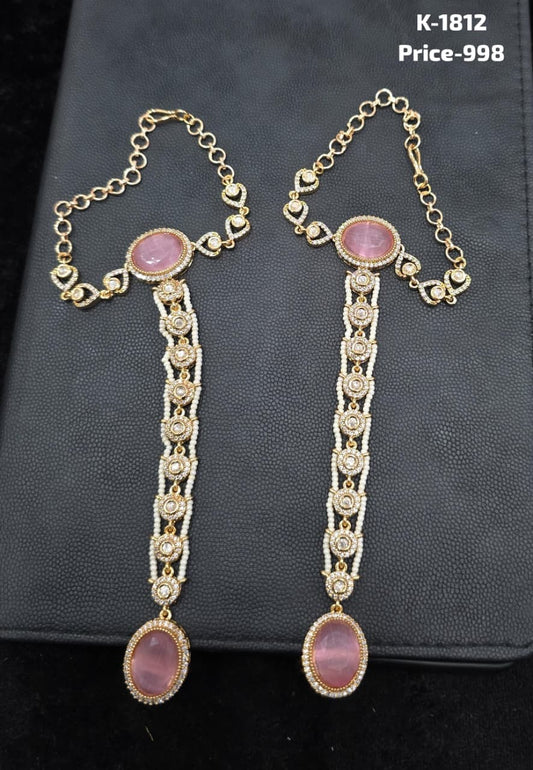 Rose Pink Oval CZ and Pearl Bead Haath Phool Pair K-1812