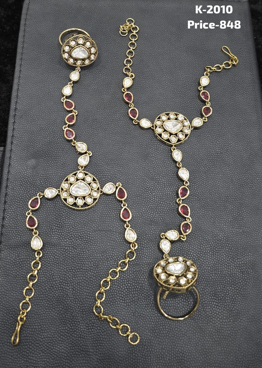 Polki and Ruby CZ Ring Haath Phool Pair K-2010 with finger ring and adjustable bracelet