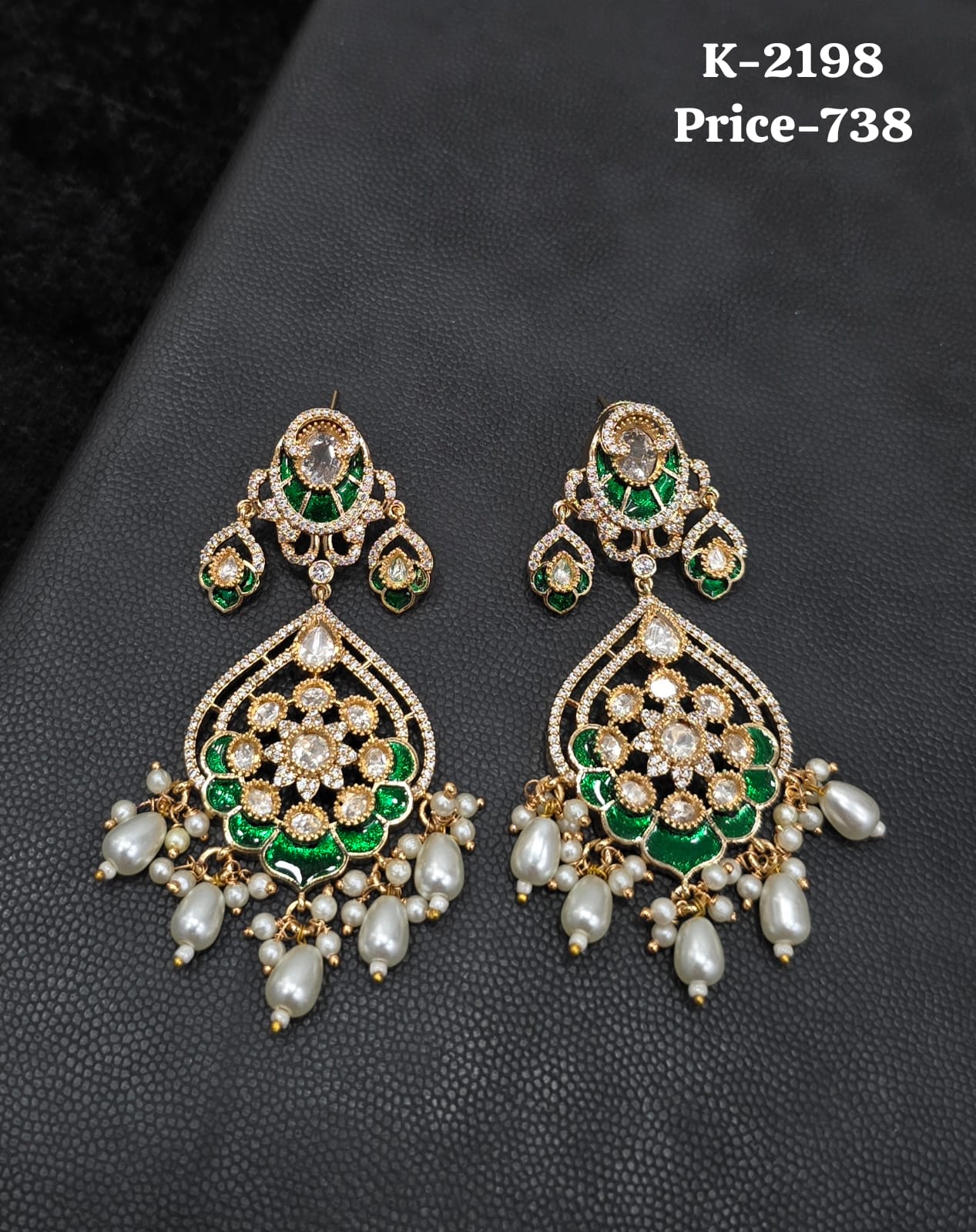 Polki and Green Meenakari Chandbali Earrings with Pearl Drops K-2198