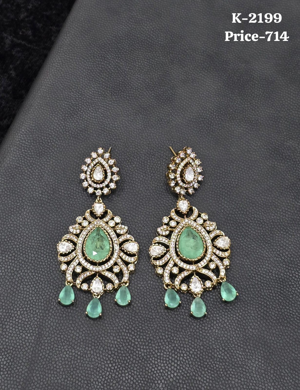 Antique CZ and Mint Green Drop Chandbali Earrings K-2199