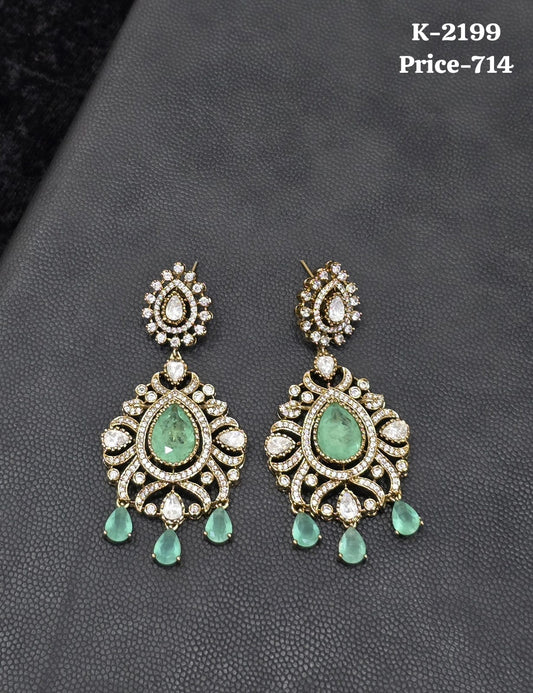 Antique CZ and Mint Green Drop Chandbali Earrings K-2199