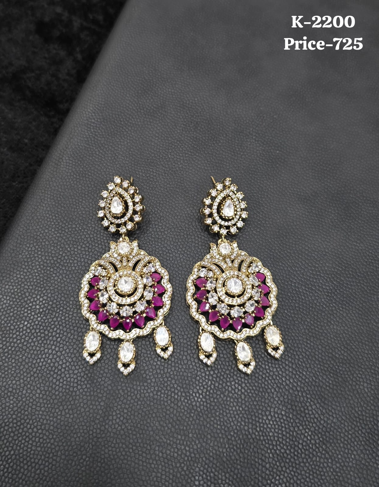 Polki and Ruby CZ Circular Chandbali Earrings K-2200 with white CZ teardrop drops