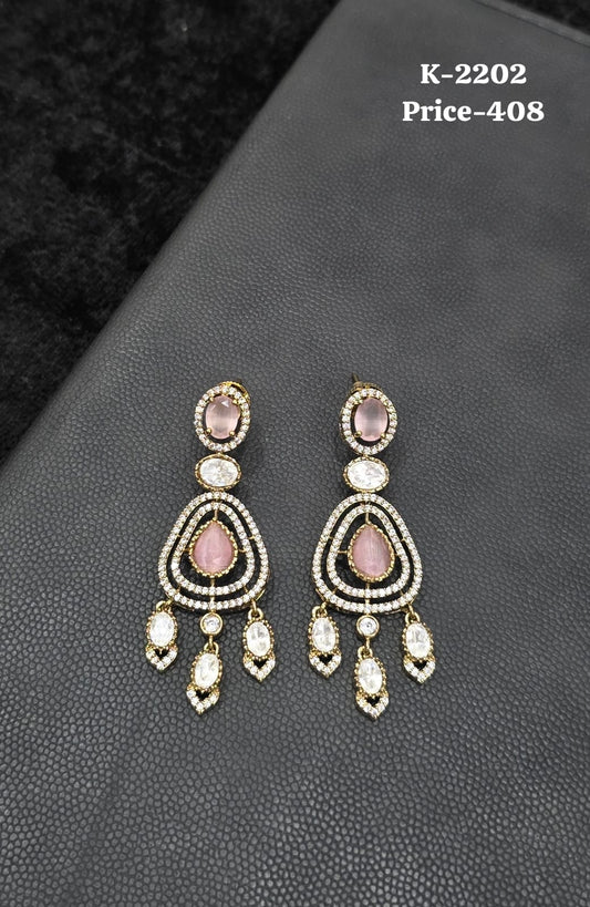 Rose Pink CZ Geometric Drop Earrings K-2202 with CZ fringe drops