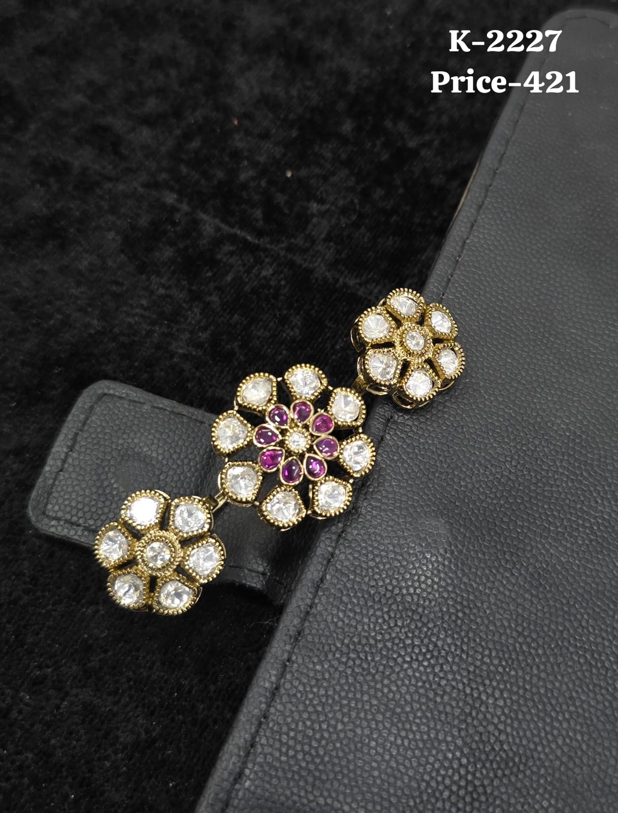 Polki and Ruby CZ Triple Floral Double Finger Ring K-2227 in antique gold finish