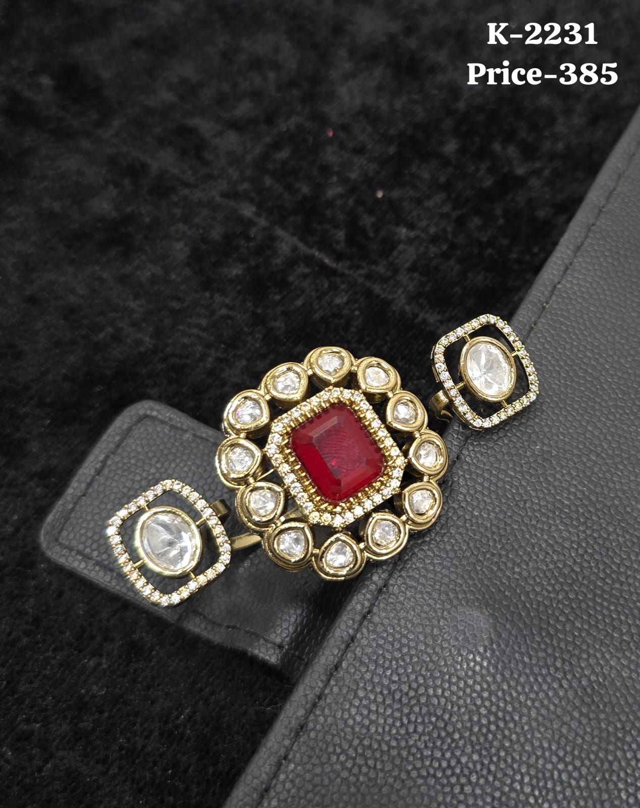 Ruby Square CZ and Polki Geometric Double Finger Ring K-2231 in antique gold finish