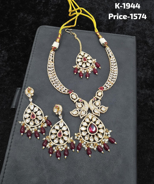 Royal Polki and Ruby Bridal Necklace Set K-1944 with earrings and maang tikka