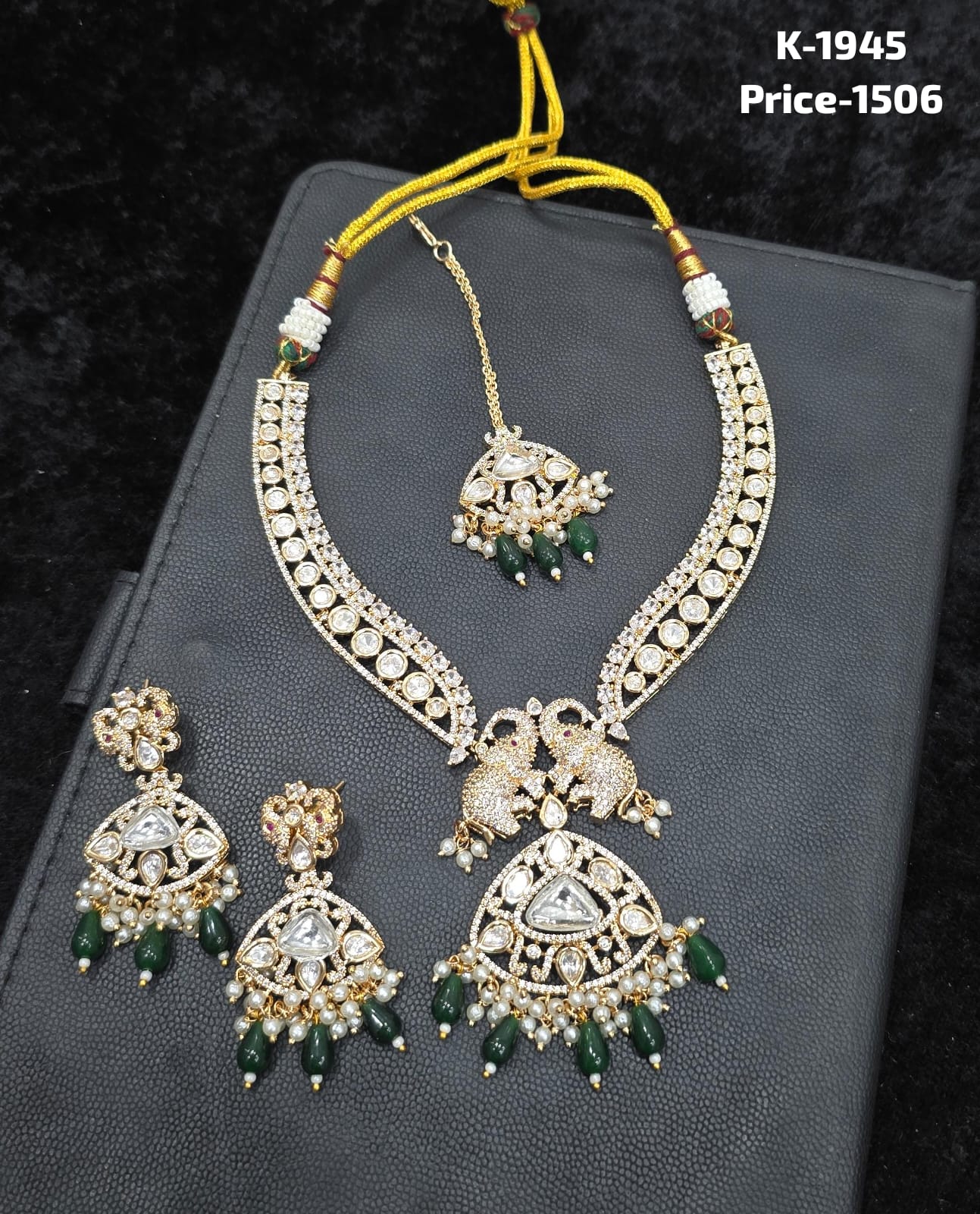 Polki and Emerald Green Peacock Bridal Necklace Set K-1945 with earrings and maang tikka