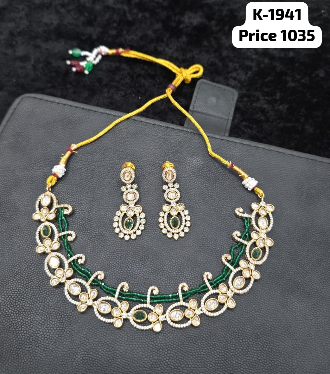 Polki and Emerald Bead Floral Choker Necklace Set K-1941 with drop earrings