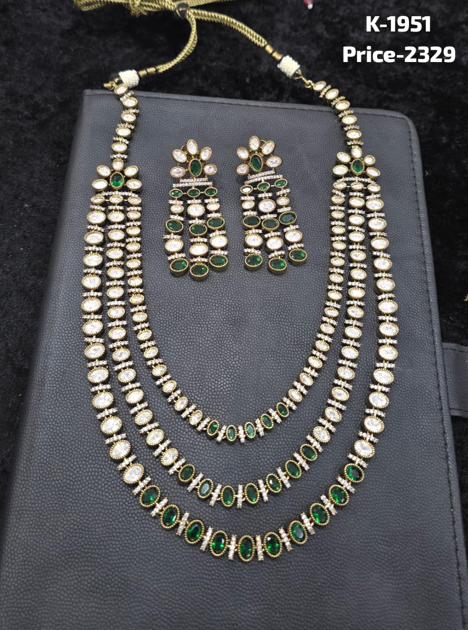 3-Layer Polki and Emerald Long Haaram Necklace Set K-1951 with chandelier earrings