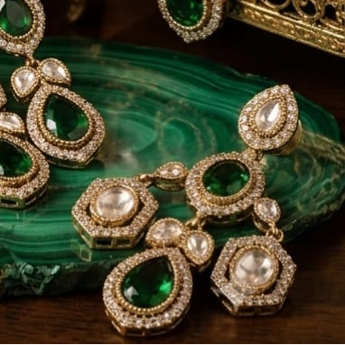 Kundan Earrings with Emerald Green Stone